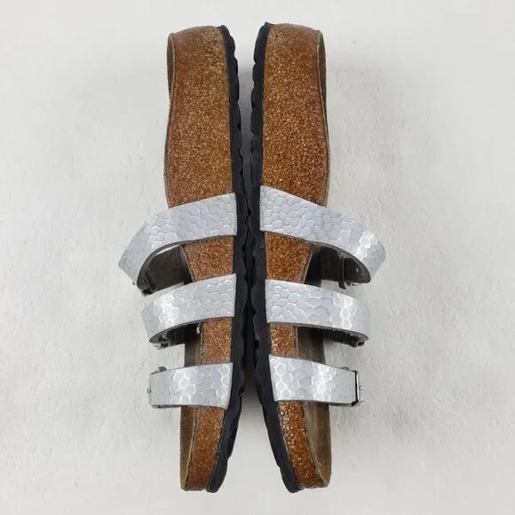 Birkis Birkenstock Metallic Sandals Silver Womens 4-4.5 35 Leather Strappy Slide