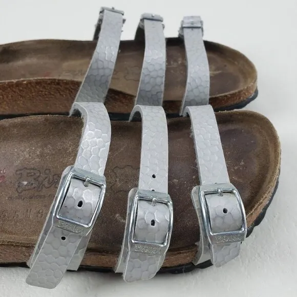 Birkis Birkenstock Metallic Sandals Silver Womens 4-4.5 35 Leather Strappy Slide