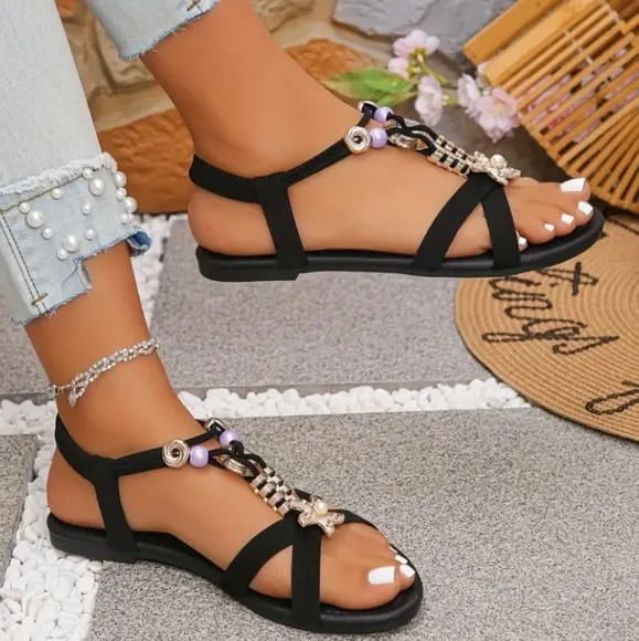 Black Beaded Women's Sandals Sz 11