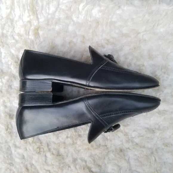 Black Leather Italian Dress Loafers Moreschi Size 9 Tassels Slip On Dress Shoes