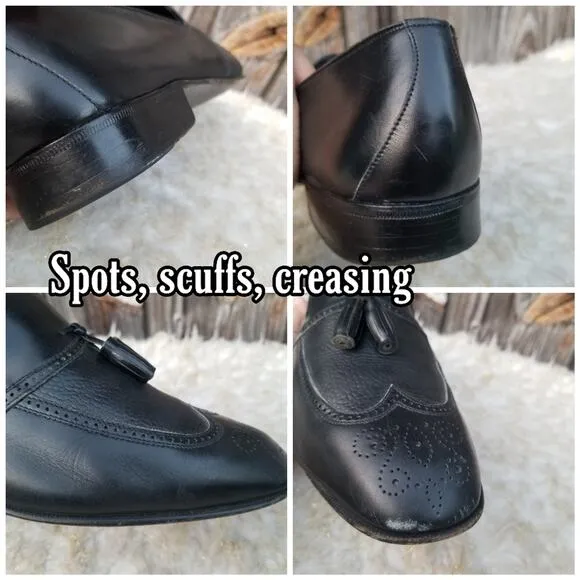 Black Leather Italian Dress Loafers Moreschi Size 9 Tassels Slip On Dress Shoes