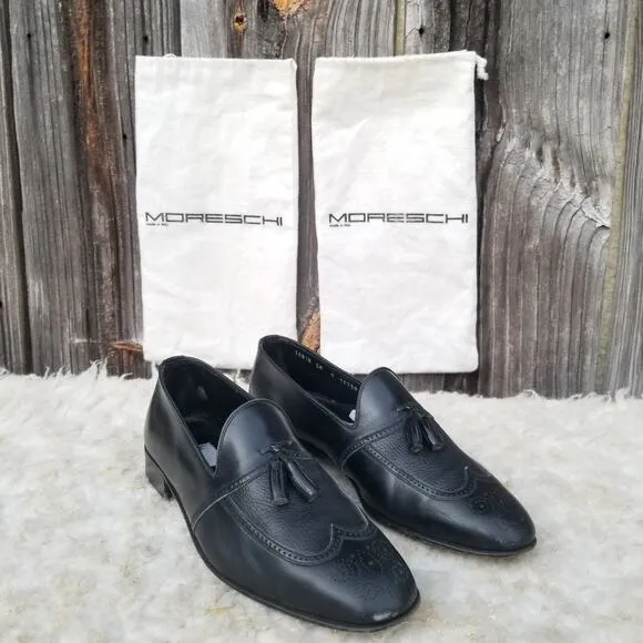 Black Leather Italian Dress Loafers Moreschi Size 9 Tassels Slip On Dress Shoes