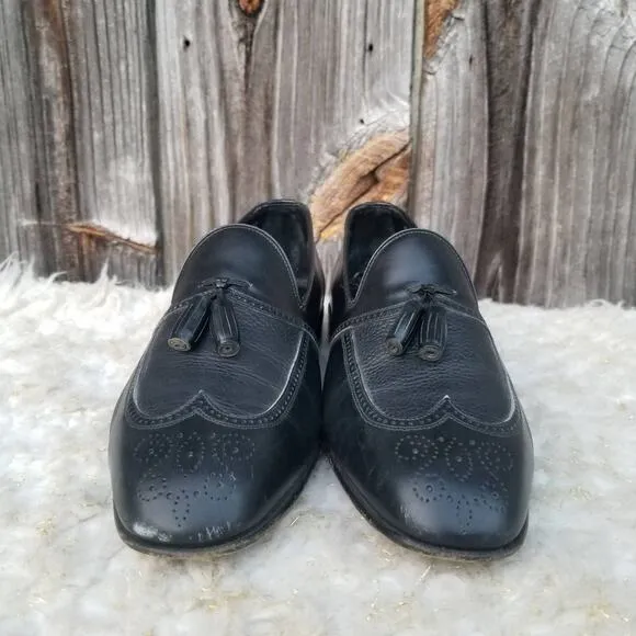 Black Leather Italian Dress Loafers Moreschi Size 9 Tassels Slip On Dress Shoes