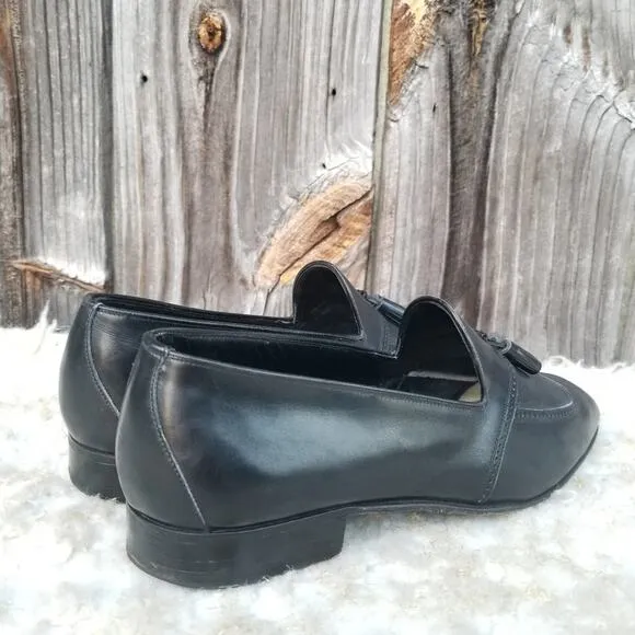 Black Leather Italian Dress Loafers Moreschi Size 9 Tassels Slip On Dress Shoes