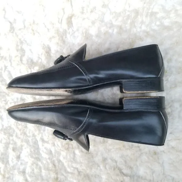 Black Leather Italian Dress Loafers Moreschi Size 9 Tassels Slip On Dress Shoes