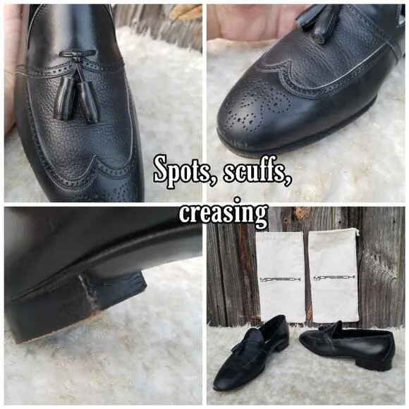 Black Leather Italian Dress Loafers Moreschi Size 9 Tassels Slip On Dress Shoes