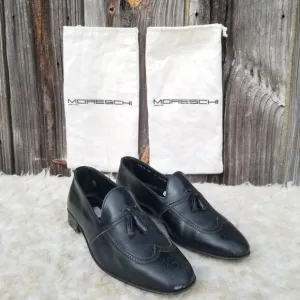 Black Leather Italian Dress Loafers Moreschi Size 9 Tassels Slip On Dress Shoes