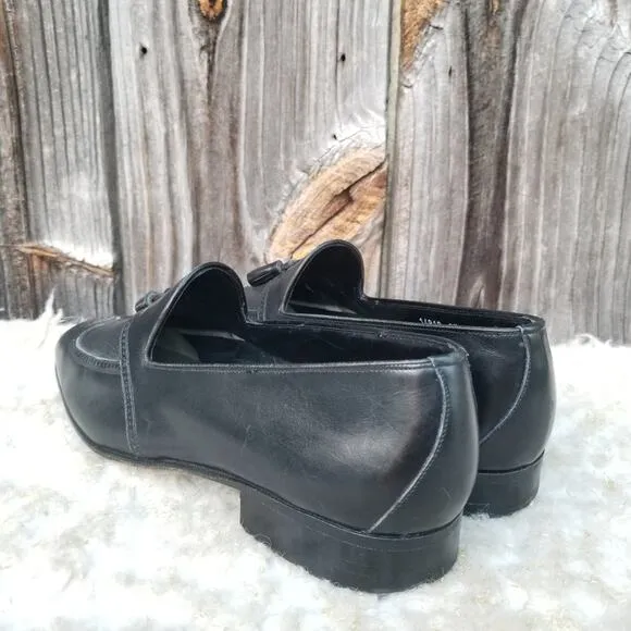 Black Leather Italian Dress Loafers Moreschi Size 9 Tassels Slip On Dress Shoes