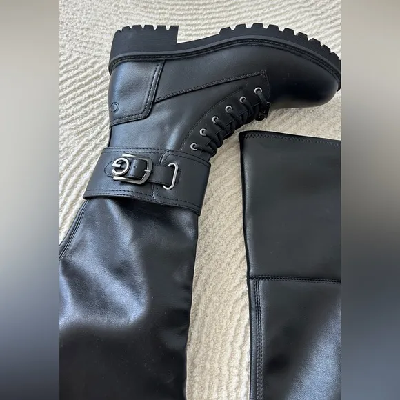 Black Vegan Leather Over The Knee Combat Boots Size 9