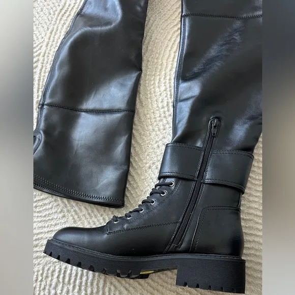 Black Vegan Leather Over The Knee Combat Boots Size 9