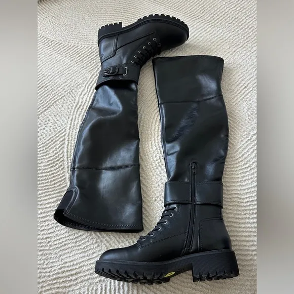 Black Vegan Leather Over The Knee Combat Boots Size 9