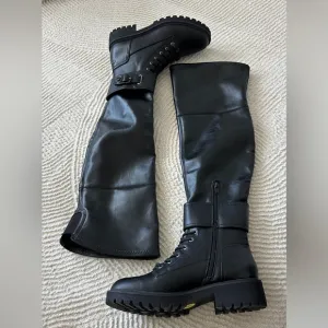 Black Vegan Leather Over The Knee Combat Boots Size 9