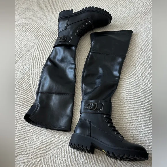 Black Vegan Leather Over The Knee Combat Boots Size 9