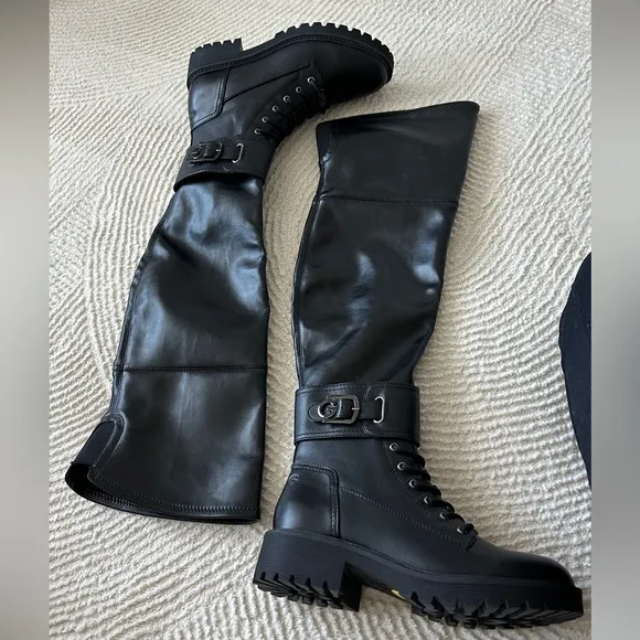 Black Vegan Leather Over The Knee Combat Boots Size 9