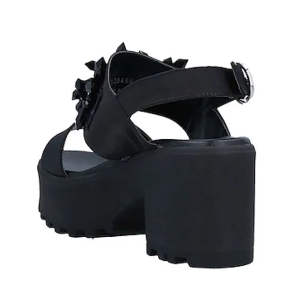 Black Wide Strap Spiked Crystals Platform Open Toe Heel Sandals NEW