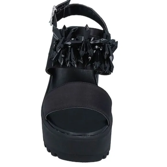 Black Wide Strap Spiked Crystals Platform Open Toe Heel Sandals NEW