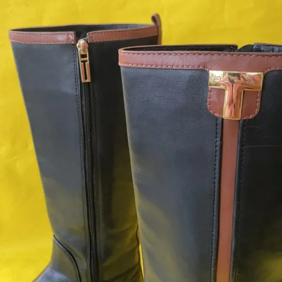 Black/brown Tory Burch leather riding boots