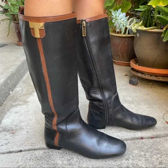 Black/brown Tory Burch leather riding boots
