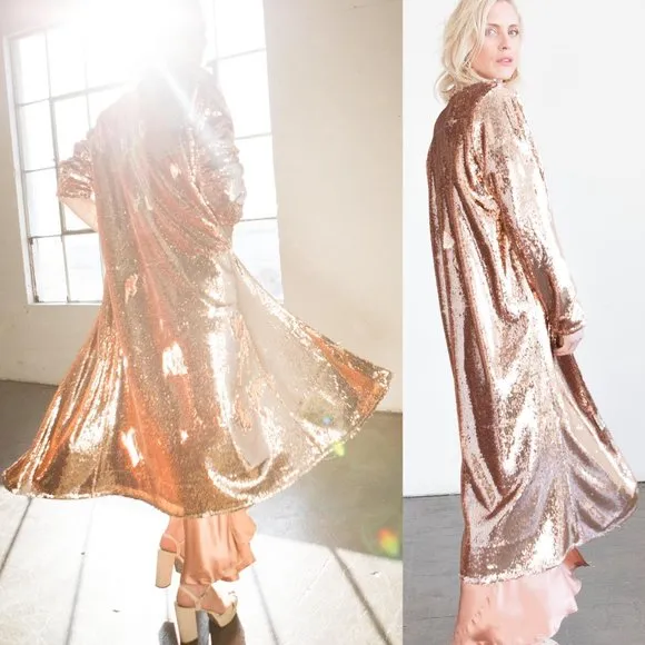 BLANKA THE LABEL Rose Gold Sequin Long Duster Jacket Size XS NWOT