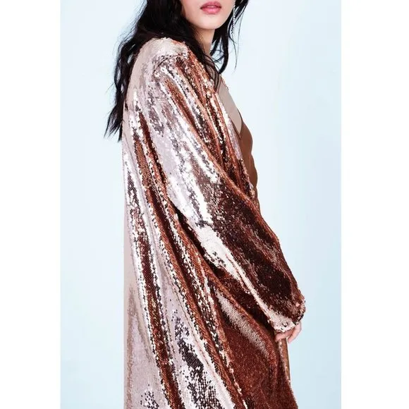 BLANKA THE LABEL Rose Gold Sequin Long Duster Jacket Size XS NWOT
