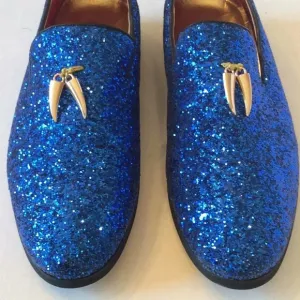 Blue Glitter Loafers Gold Tassels Size US8 Euro41