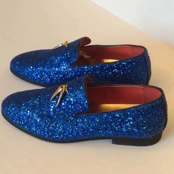 Blue Glitter Loafers Gold Tassels Size US8 Euro41