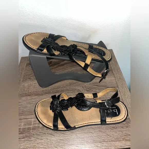 Boc Slingback Women's Black Leather OpenToe Florette Flat Strappy Sandals Sz 9