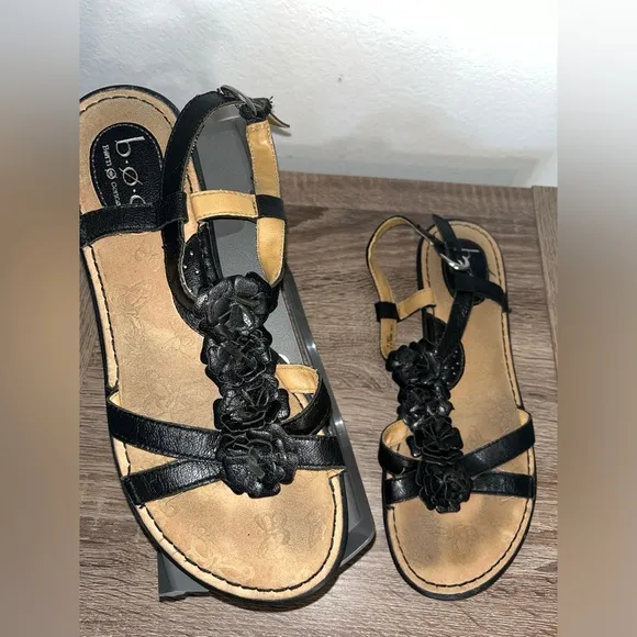 Boc Slingback Women's Black Leather OpenToe Florette Flat Strappy Sandals Sz 9
