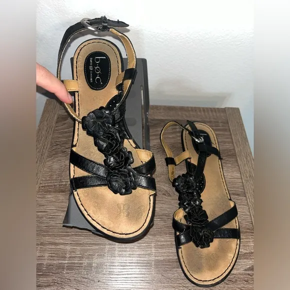 Boc Slingback Women's Black Leather OpenToe Florette Flat Strappy Sandals Sz 9