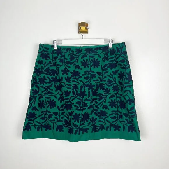 Boden Green Embroidered A-Line Skirt Navy Blue Lined Sz US 14 R