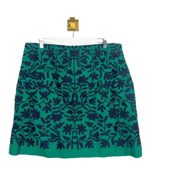 Boden Green Embroidered A-Line Skirt Navy Blue Lined Sz US 14 R
