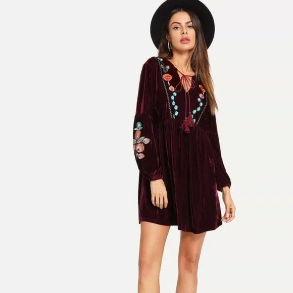 💋BOHO CHIC💋 Vintage Johnny Was Burgundy Velvet Embroidered Tunic Dress