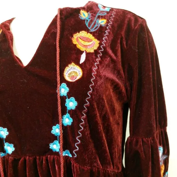 💋BOHO CHIC💋 Vintage Johnny Was Burgundy Velvet Embroidered Tunic Dress