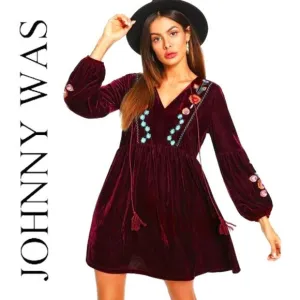 💋BOHO CHIC💋 Vintage Johnny Was Burgundy Velvet Embroidered Tunic Dress