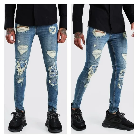 BOOHOO MAN Super Skinny Bandana Rip &amp; Repair Jeans 28