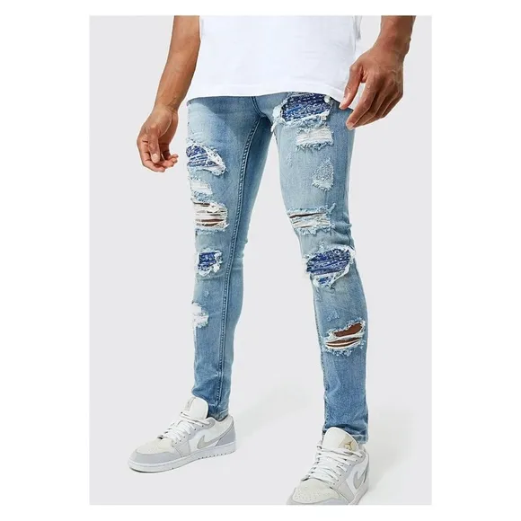 BOOHOO MAN Super Skinny Bandana Rip &amp; Repair Jeans 28