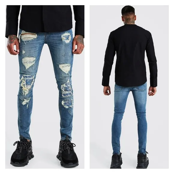 BOOHOO MAN Super Skinny Bandana Rip &amp; Repair Jeans 28