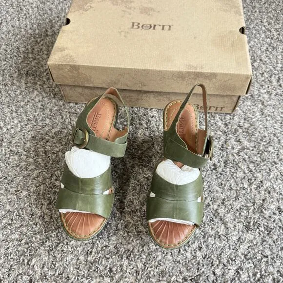 Born D19429 Green Leather Strappy Wedge Heeled Sandals Size 7 Slingback New