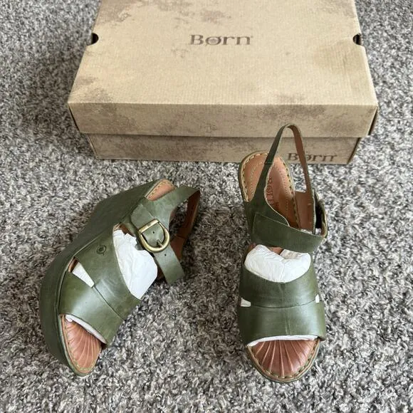 Born D19429 Green Leather Strappy Wedge Heeled Sandals Size 7 Slingback New