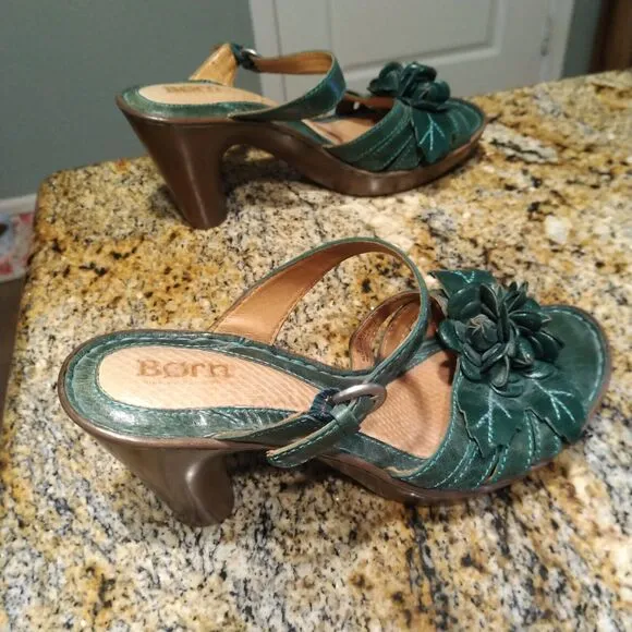 BORN Strappy Sandals Cone Heels Jade Green Flowers W41848 Women's Size 8