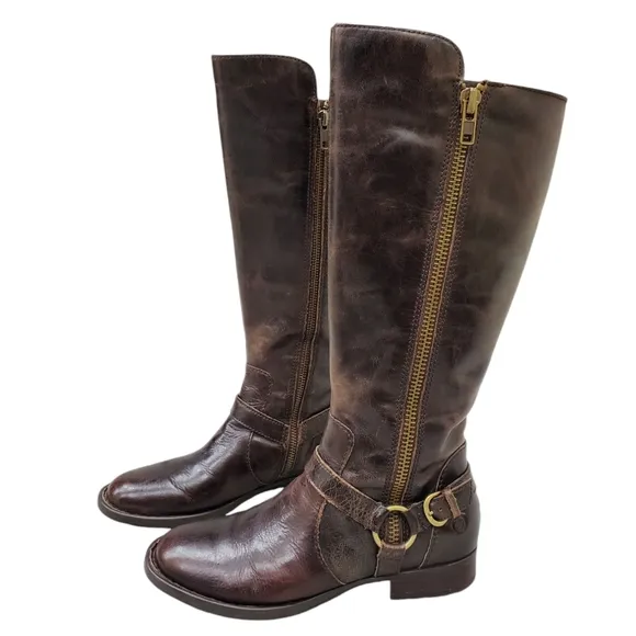 Born tall riding boots womens 6.5 brown distressed leather flannel lined harness