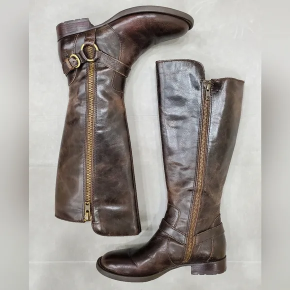 Born tall riding boots womens 6.5 brown distressed leather flannel lined harness