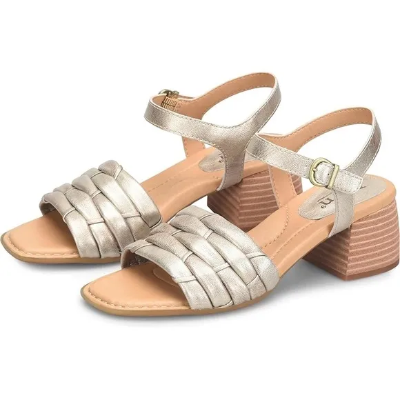 Born Women Sandals OpenToe Ankle Block Chunky Heels Leather Metallic Sz 9M NEW