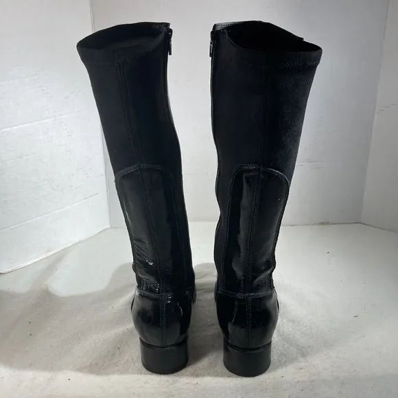 Bos &amp; Co Women’s Black Patent Leather and Micro Suede Tall Moto Goth Emo Boots