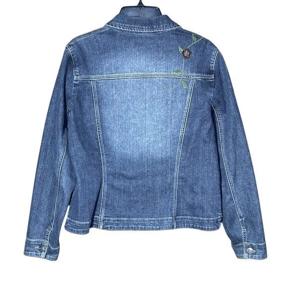 Brighton Denim Jean Jacket with Leather Embroidered Flowers 3 Hearts Size Large