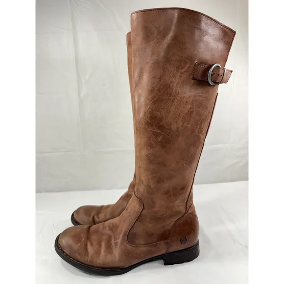 Børn Born Lottie Tall Riding Boots Size 9.5 Brown Leather Side Zipper D07792