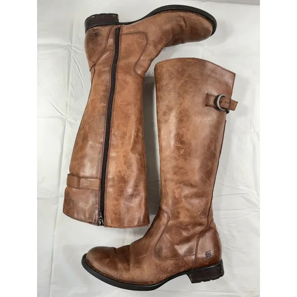 Børn Born Lottie Tall Riding Boots Size 9.5 Brown Leather Side Zipper D07792