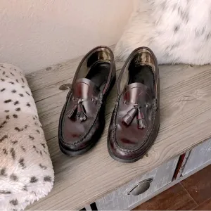 Brown Merlot Made In Spain Oxblood Leather Slip On Tassel Loafers Sz 8
