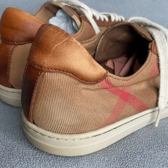 Burberry Beige Leather Nova Check Canvas Low Top Sneakers Women Size 39/US8.5