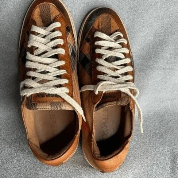 Burberry Beige Leather Nova Check Canvas Low Top Sneakers Women Size 39/US8.5